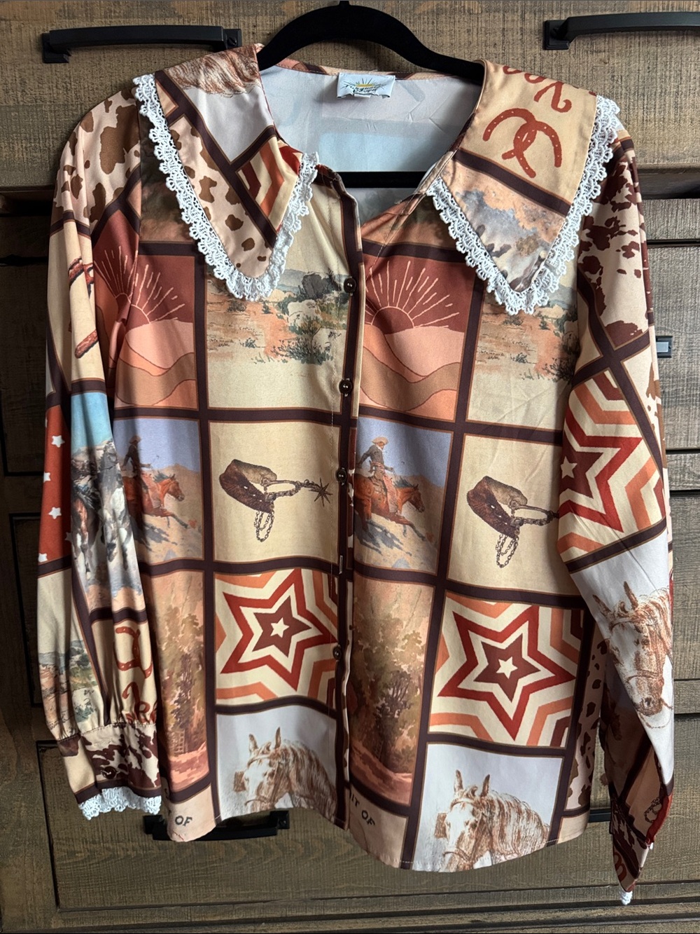 Western Patchwork Horse Print Blouse in Brown and Cream - Picture 2 of 3